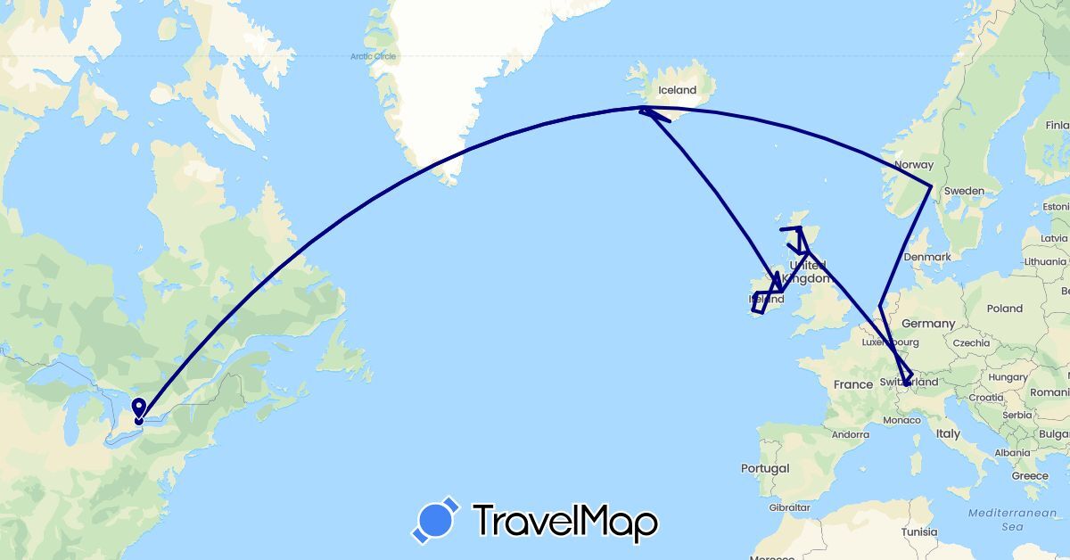 TravelMap itinerary: driving in Belgium, Canada, Switzerland, United Kingdom, Ireland, Iceland, Netherlands, Norway (Europe, North America)